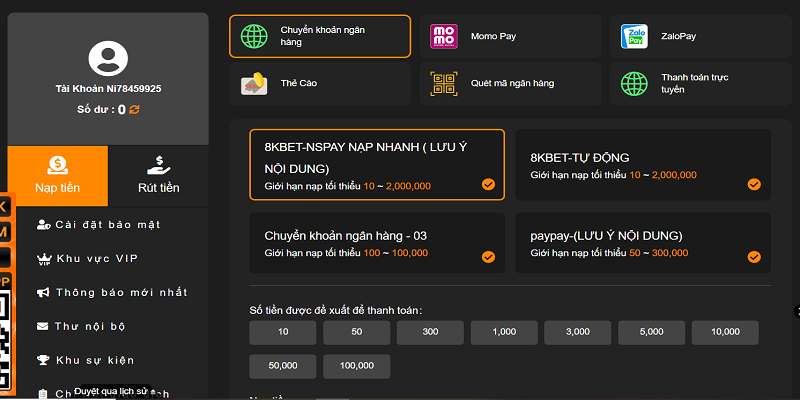 Hướng dẫn nạp tiền 8kbet với 3 hình thức phổ biến nhất